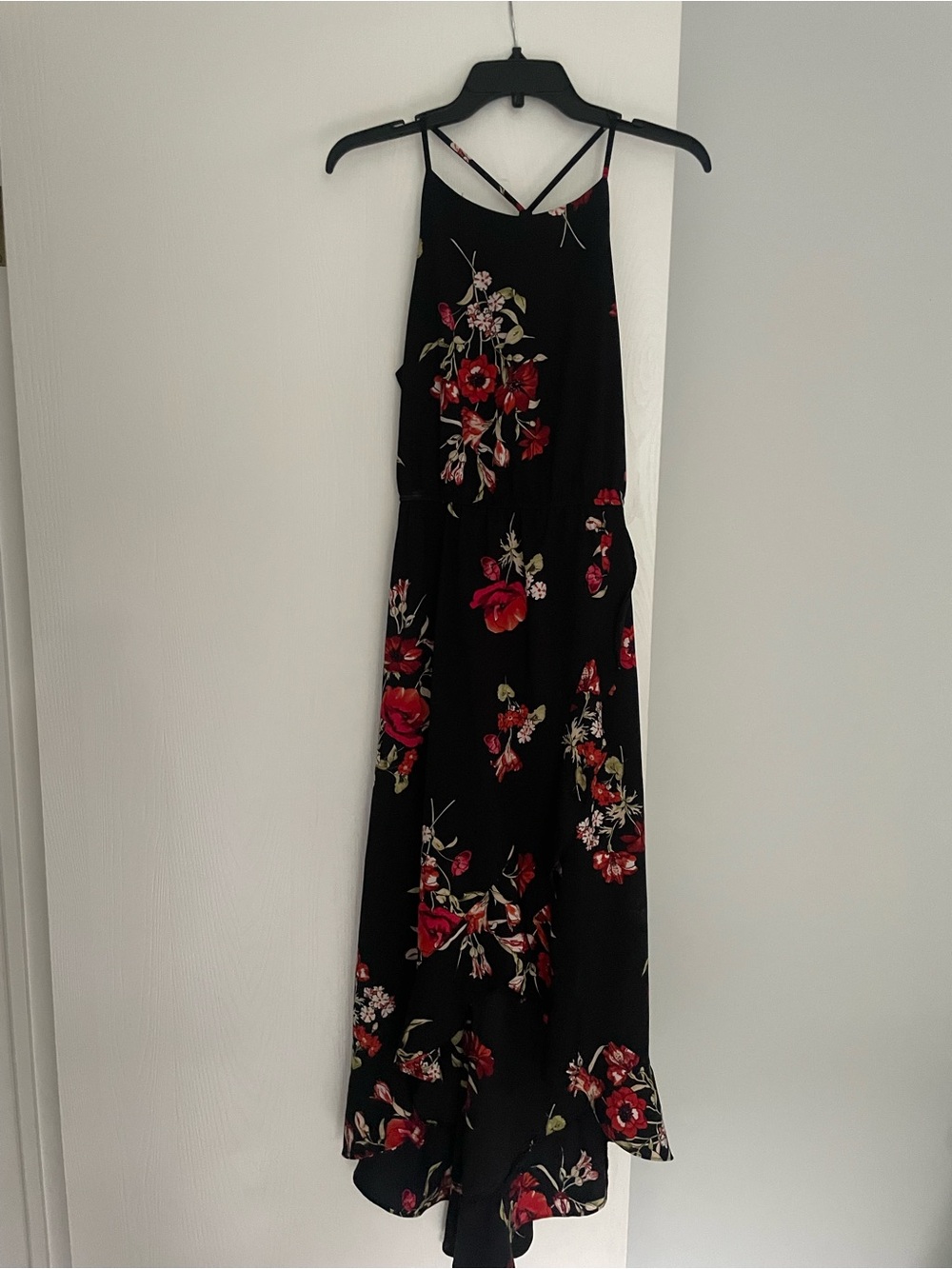 Soprano Black Maxi Dress with Red Floral Print